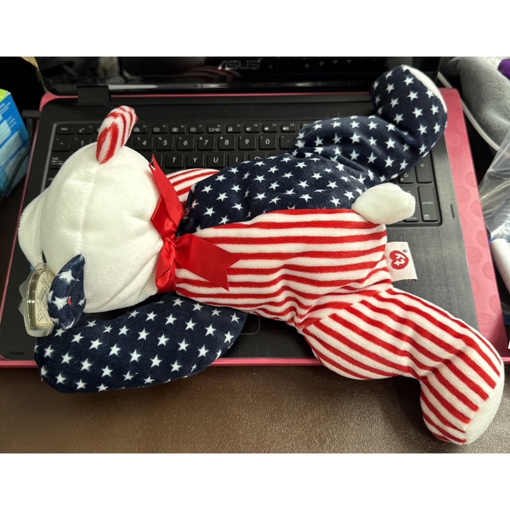 1999 TY Sparkler Pillow Pal Bear 14" Patriotic Stars Stripes Retired w Tags